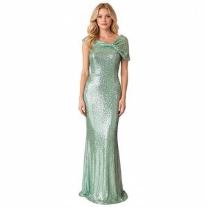 Theia Green Sequin Gown Size 4 Cap Sleeve Formal Black Tie Sparkle Mint